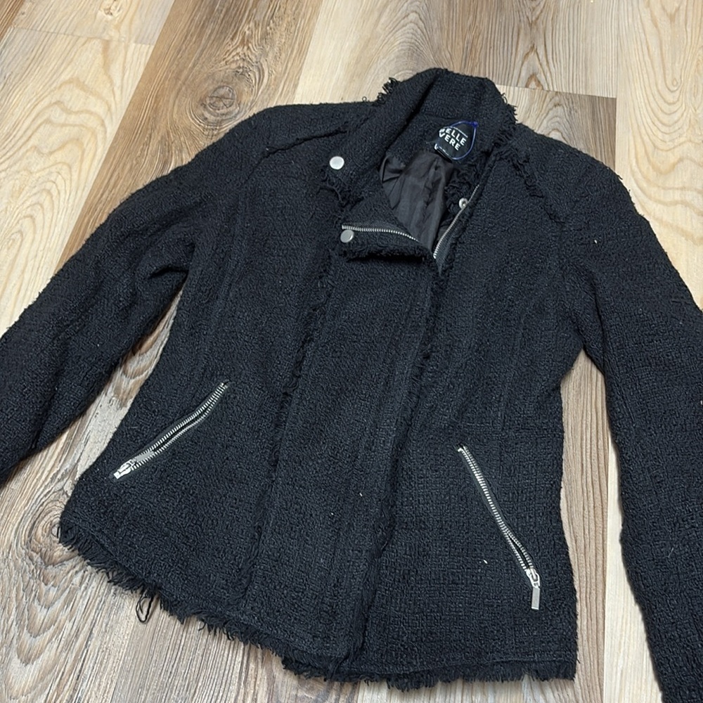 BELLE VERE for Anthropologie Raw Edge Black Cotton Moto Jacket - Picture 2 of 5